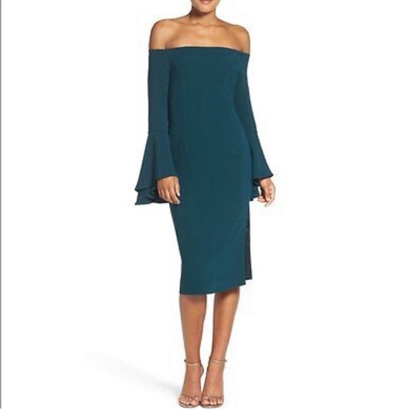 Bardot Teal Off The Shoulder Long Bell Sleeve Dress - Picture 1 of 11